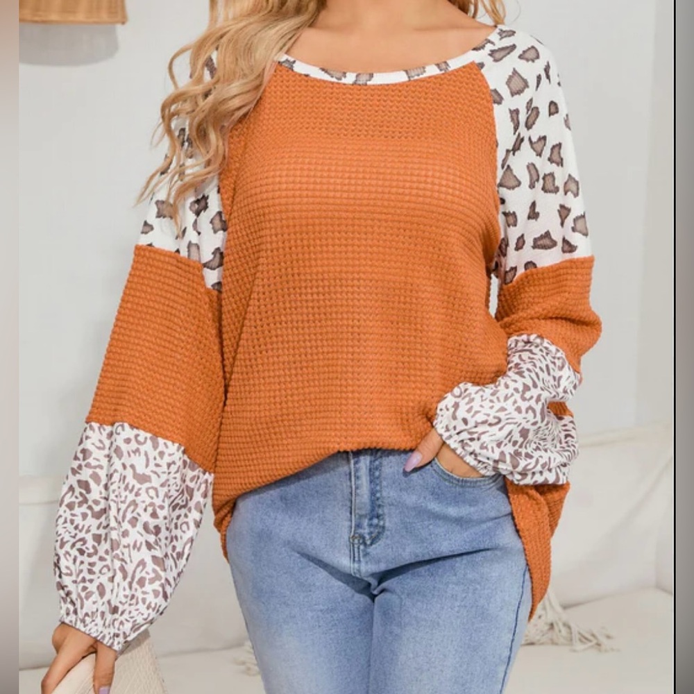 ANDTHEWHY Waffle Knit Long Balloon Sleeve Boho Leopard Blouse Top Size Medium